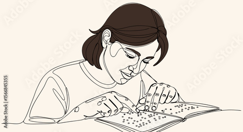 Illustration of woman reading Braille – stylized line drawing of visually impaired person using tactile writing system
