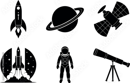 Space exploration elements set silhouette vector illustration