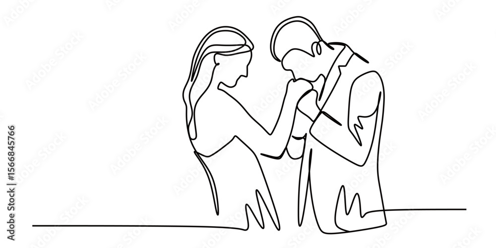 Obraz premium continuous line art of a pair of man and woman in a dress and suit having a wedding reception and embracing. wedding concept. this icon is for invitation cards and wall decorations.