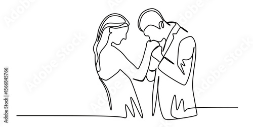 continuous line art of a pair of man and woman in a dress and suit having a wedding reception and embracing. wedding concept. this icon is for invitation cards and wall decorations.