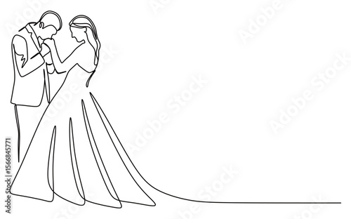 continuous line art of a pair of man and woman in a dress and suit having a wedding reception and embracing. wedding concept. this icon is for invitation cards and wall decorations.