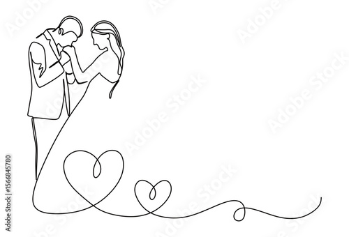 continuous line art of a pair of man and woman in a dress and suit having a wedding reception and embracing. wedding concept. this icon is for invitation cards and wall decorations.