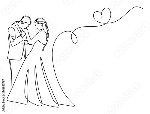 continuous line art of a pair of man and woman in wedding dress and suit performing a wedding with curved lines forming a heart. wedding concept. this icon is for invitation cards and wall decorations