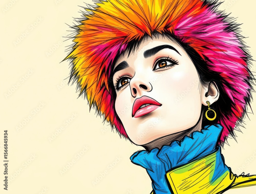 Obraz premium Vibrant portrait of a woman with colorful hair looking upwards, showcasing unique style and artistic flair.