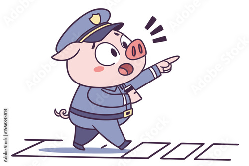 Vector cute Pig cartoon character, dressed as a police officer, directing traffic, authoritative yet friendly expression, city street hint, clear signals, isolated on white background