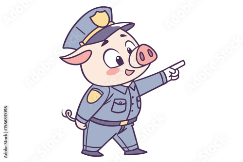 Vector cute Pig cartoon character, dressed as a police officer, directing traffic, authoritative yet friendly expression, city street hint, clear signals, isolated on white background