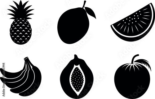 Assorted tropical fruits collection silhouette vector illustration