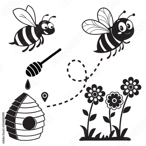 Silhouette honey bee vector design honey hive and a honey spoon, The bee is flying towards the hive