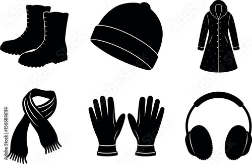 Winter clothing collection black silhouette vector illustration