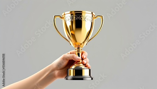 Golden Trophy Winner Hand Closeup Gray Background Award Success Achievement Victory Celebration Prize
