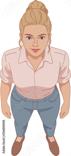 A cartoon woman with blonde hair in a bun wearing a pink shirt and jeans looking up at the viewer from below