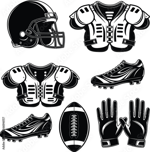 Black and white illustration of American football equipment including helmet shoulder pads cleats ball and gloves
