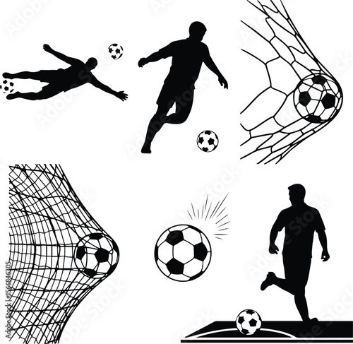 Black silhouettes of soccer players and balls in action and in net football sport