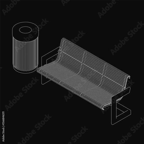 A black and white sketch-style bench stands on an empty street with a roll of toilet paper placed on top. The simple line drawing conveys urban solitude.