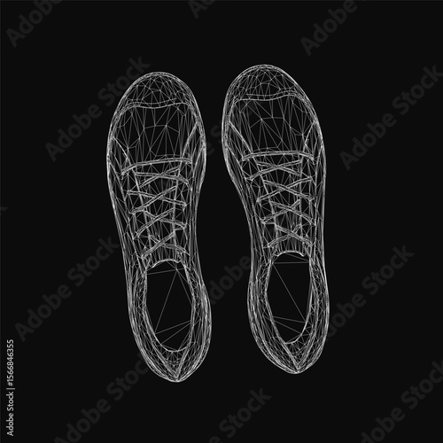 A pair of stylish sneakers stands on a black background, featuring a wireframe overlay in the foreground. The 3D rendering gives the shoes a realistic texture and depth.
