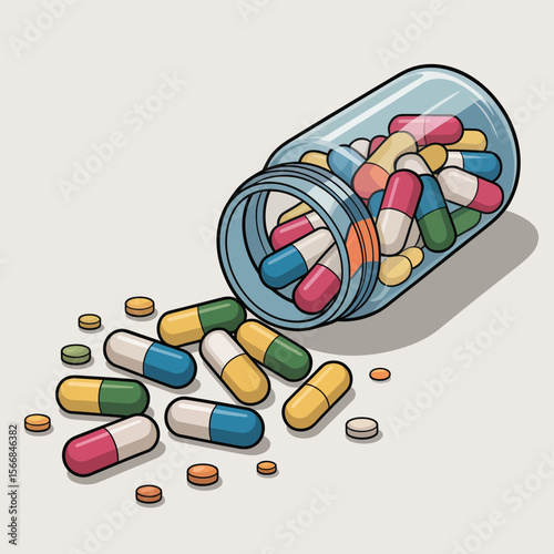 Colorful medical capsules spilling out of a clear glass prescription bottle onto a light background