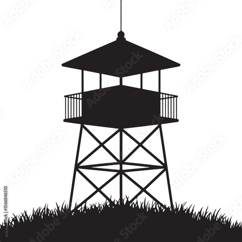 Black silhouette of a guard tower on stilts with railings and grass below