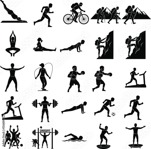 Collection of black silhouette icons depicting various sports and fitness activities