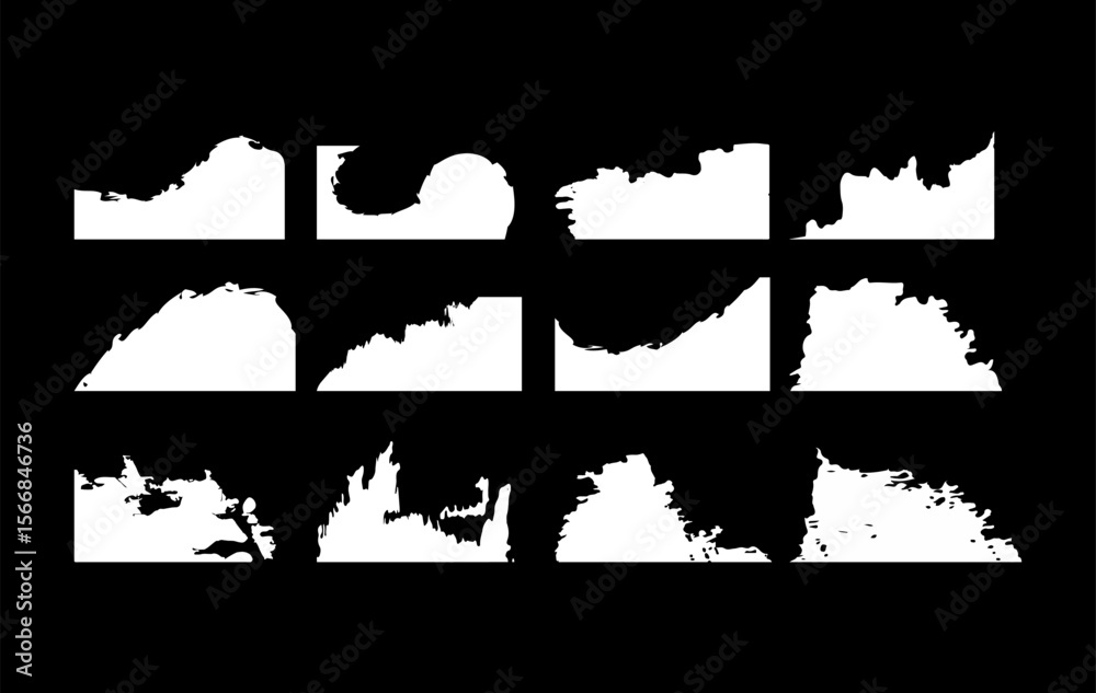 Fototapeta premium A Set of 12 high contrast abstract grunge bottom edge silhouettes, featuring brush stroke and torn paint effects, for use as footer overlays, distressed frame elements, digital art work.