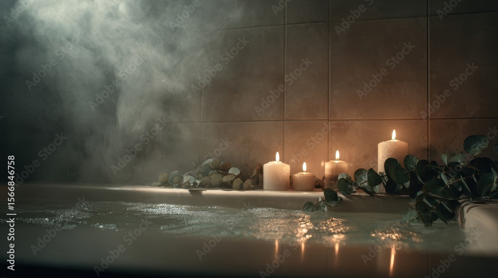 Obraz premium Relaxing spa scene in a hot tub with candles and eucalyptus.