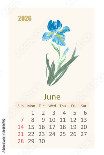 watercolor 2026 calendar page for June. east painting of iris flower