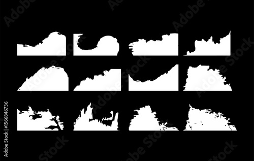 A Set of 12 high contrast abstract grunge bottom edge silhouettes, featuring brush stroke and torn paint effects, for use as footer overlays, distressed frame elements, digital art work.