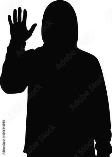 Silhouette of person wearing hoodie raising hand in greeting or stop gesture vector illustration