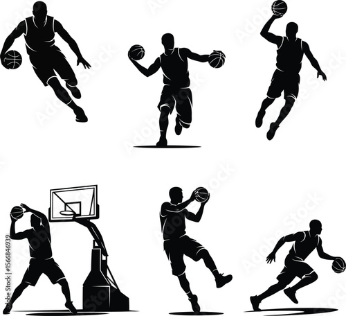 Six black silhouette basketball players in various dynamic poses on a white background