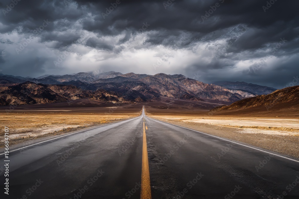 Naklejka premium Dramatic Sky Over Desert Highway A Road to the Mountains Under a Stormy Sky Landscape