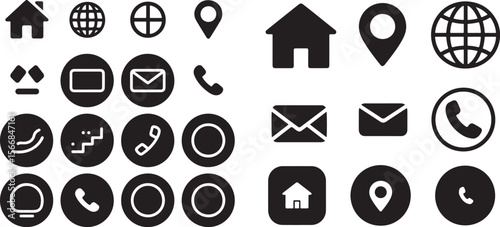 Black and white vector icon set for web, mail, and home with symbols like arrow, phone, and envelope