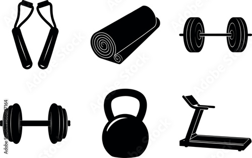 Gym equipment and accessories black silhouette vector illustration