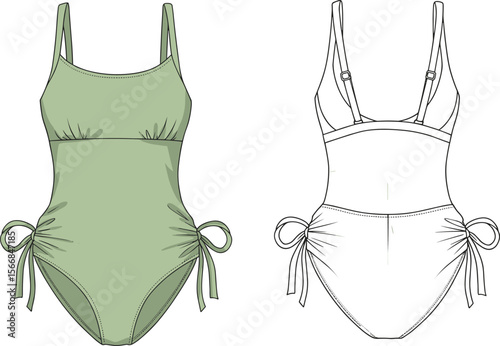 One-piece swimsuit sketch front and back view, thin adjustable straps, gathered bust detail, hip tie design, fashion illustration template, minimal style