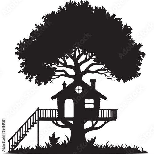 Whimsical treehouse with stairs and railings silhouette