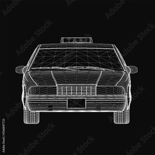 A 3D wireframe model of a taxi cab stands out against a sleek black background. The detailed rendering highlights the car's structure with precision. The design showcases realistic proportions.
