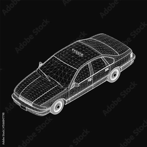 A 3D wireframe model of a taxi car on a sleek black background, showcasing realistic contours and structural details. The design highlights precision and modern automotive aesthetics.
