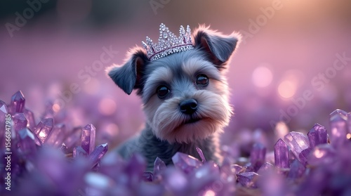 Fluffy Schnauzer with Rhinestone Crown in Sparkling Amethyst Crystal Field