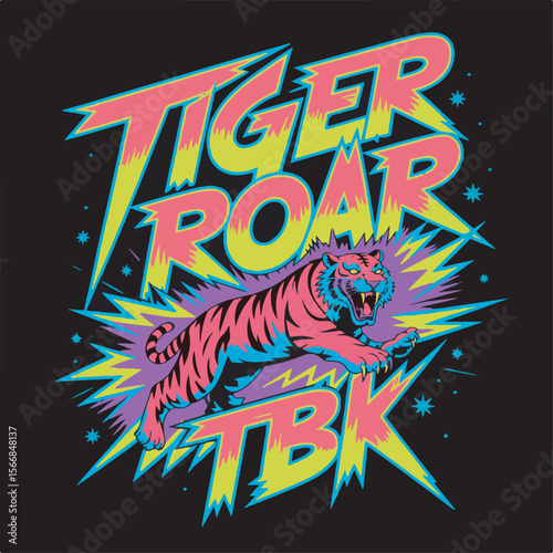 Pink tiger roaring with colorful lightning and text blue yellow