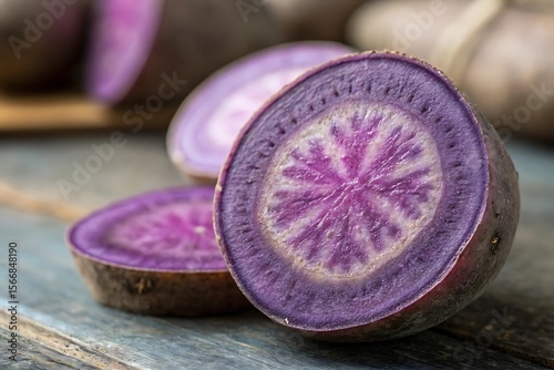 Sliced ube purple yam showing vibrant color high resolution photo