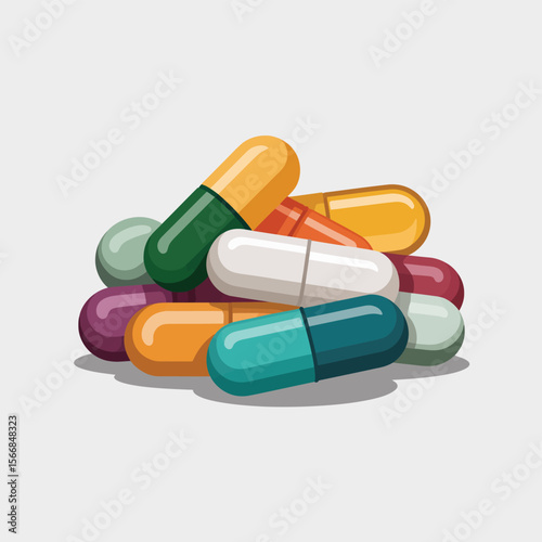 Pile of colorful pharmaceutical capsules and pills on a light gray background