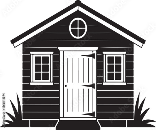 Simple wooden garden shed with windows and door silhouette
