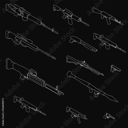 A set of various guns, including a sniper rifle, displayed on a black background with crisp white outlines. The stark contrast highlights the detailed shapes and designs of the weapons.