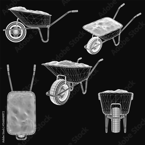Detailed 3D wheelbarrow models displayed on a black background, each with unique shapes and sizes. The stark contrast highlights the clean white outlines and intricate designs.