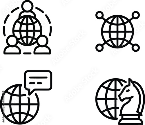 Four line art icons featuring a globe with different elements on a light gray background in a grid layout