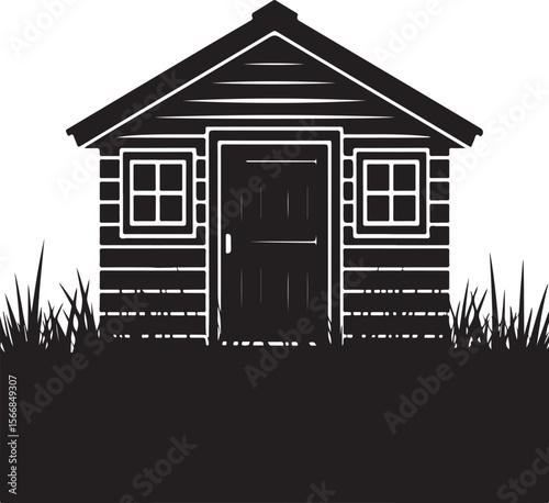 Simple wooden shed with windows and door in a field silhouette