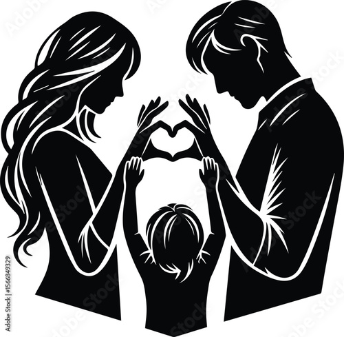 Silhouette of a Happy Family Mom, Dad, and Child Forming a Heart