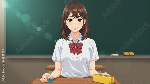 Smiling Japanese High School Student in Uniform Sitting at Desk in Classroom - Anime Style Illustration