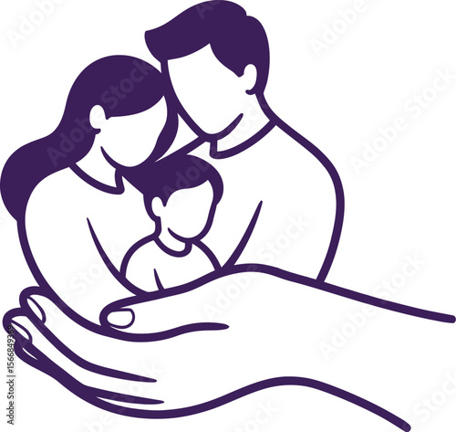 Stylized illustration of a family of three protected in a hand with editable stroke text below it
