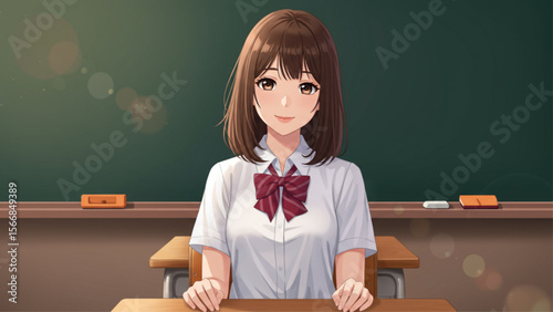 Smiling Japanese Schoolgirl Student in Classroom Anime Illustration