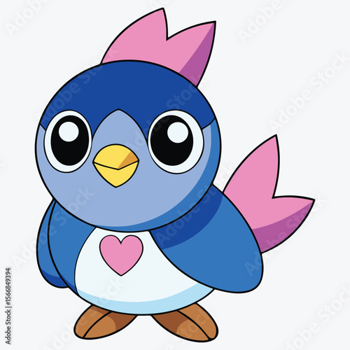 Adorable cartoon bird illustration in soft pastel blue and pink hues