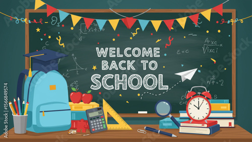 Welcome Back to School Illustration with School Supplies, Blackboard, and Decorations